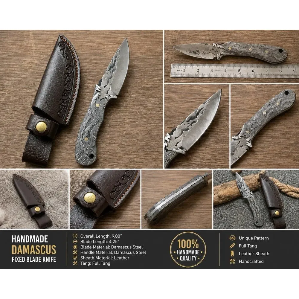 Damascus Steel Fixed Blade Hunting Knife Full Tang w/ Leather Sheath Handmade